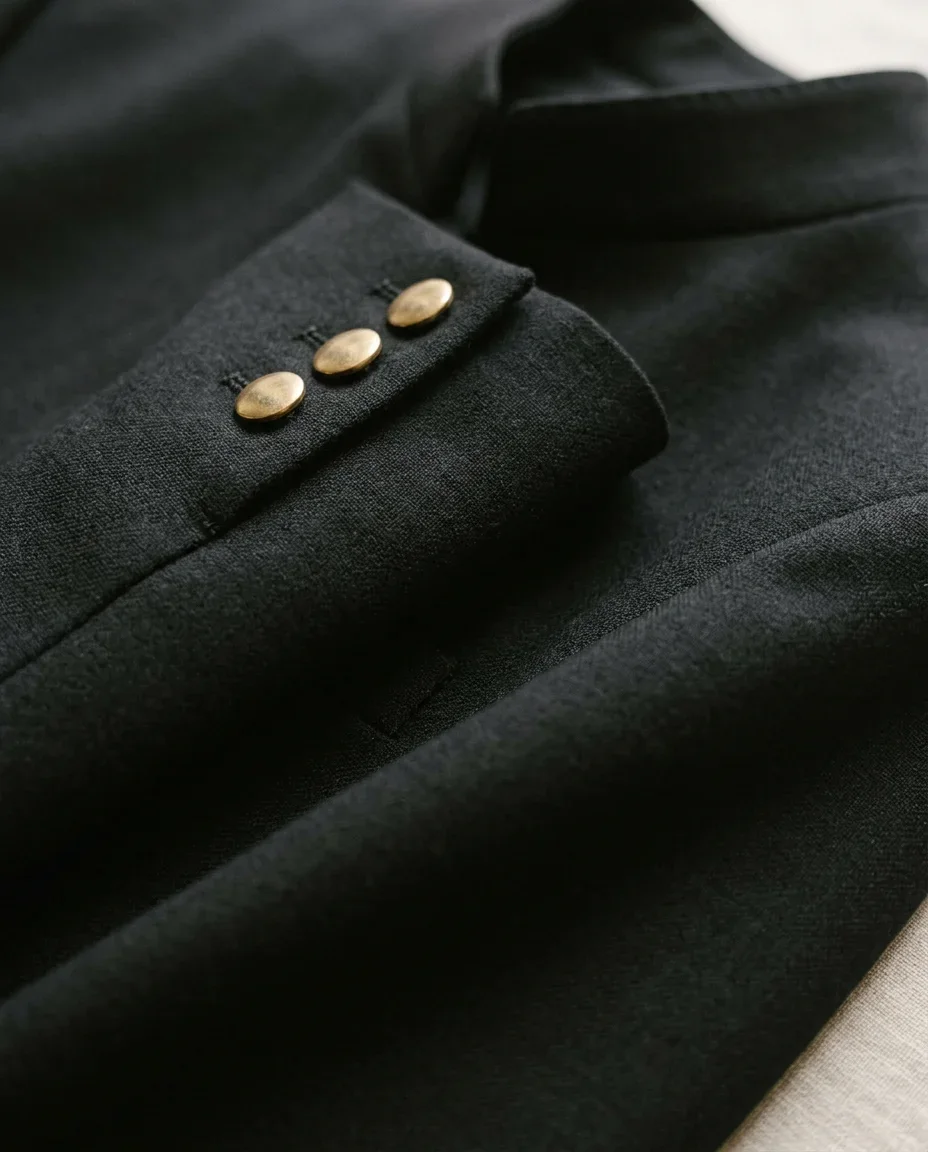 Jet-black bandhgala — the cloth, close up