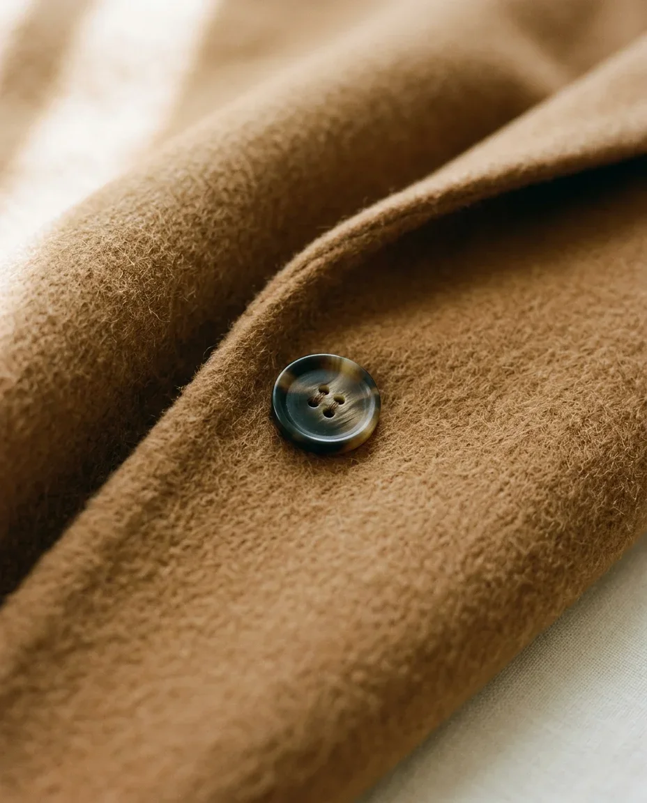 Long camel overcoat — the cloth, close up