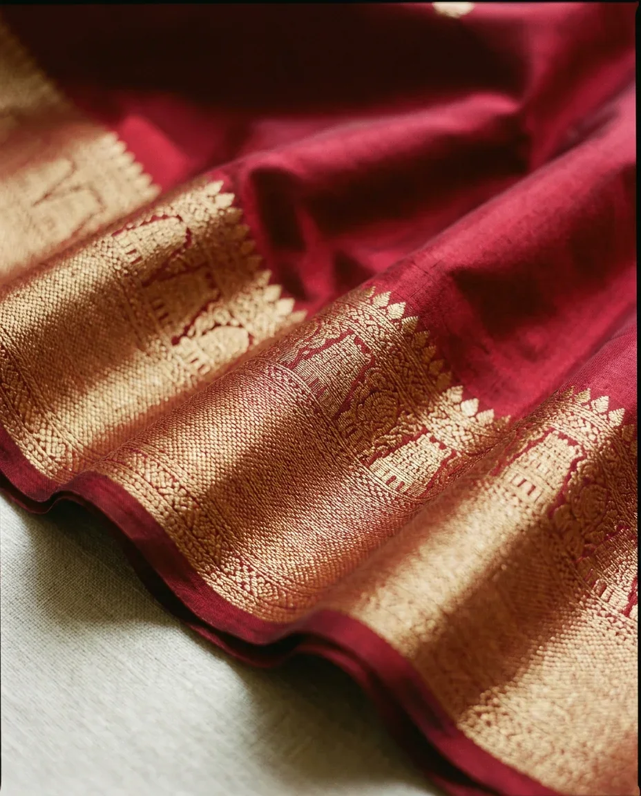 Ruby silk saree, re-imagined — the cloth, close up