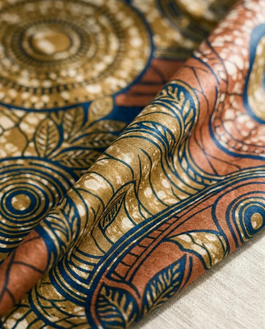 Wax-print wrap dress — the cloth, close up